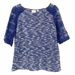 Anthropologie Postmark Navy Tweed Lace 3/4 Sleeve Shirt Sz XS